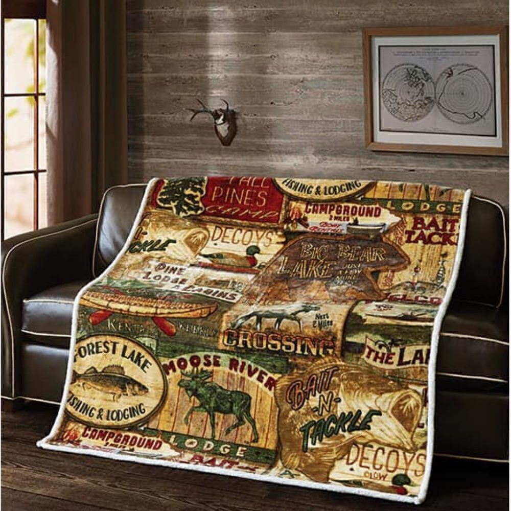 Lodge Theme Soft Comfy Lodge Life Flannel Sherpa Throw Blanket Lake Cabin Moose